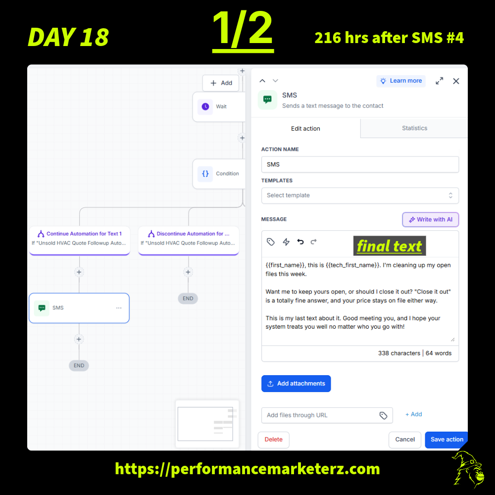 Day 18 final follow-up workflow with the 216-hour wait and message body